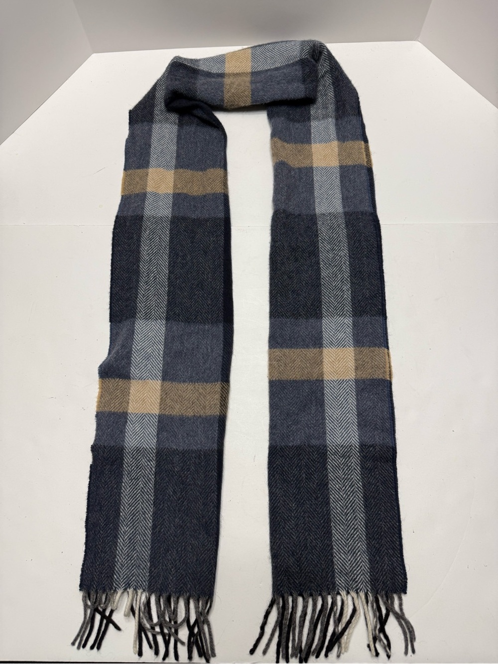 Joseph Men's Plaid Scarf in Navy, Gray & Tan